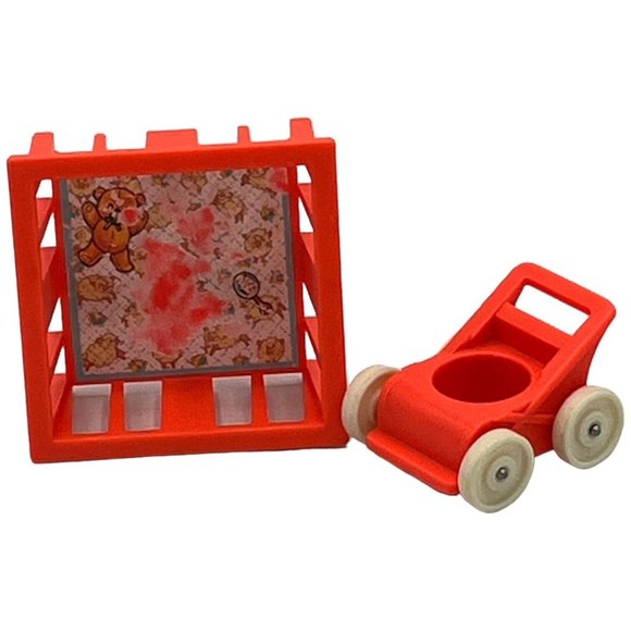 Fisher-Price Other - VTG Fisher Price Little People NURSERY PLAYPEN CRIB STROLLER Orange 2 Pcs 1972